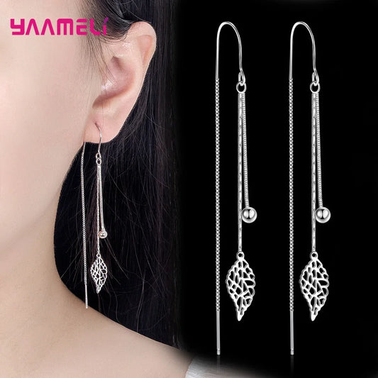 Fashion Jewelry 925 Sterling Silver Color Earrings Simple Leaf Tassel Long Box Chain Thread Pendientes Ear Decoration Ornaments