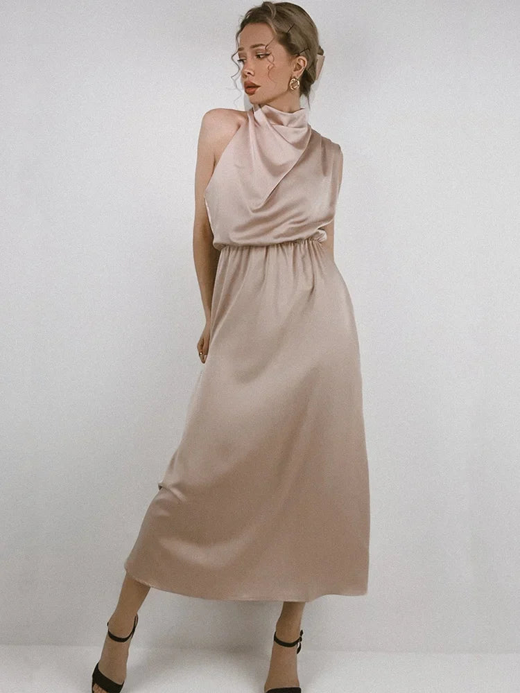 Summer Luxury Sleeveless Silk Satin Long Dress Women Elegant Off Shoulder Celebrity Evening Dress Partywear Lady Trumpet Dress