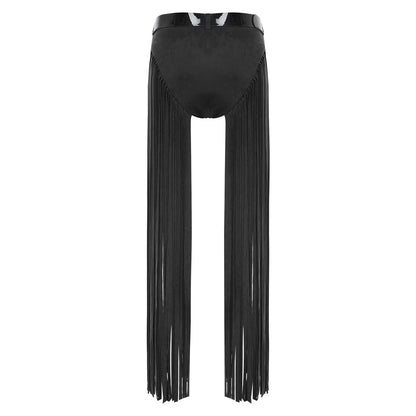 Womens Hippy Cosplay Costume High Waist Suede Underwear with Long Tassels And Belt Halloween Dress Up 70s Disco Costume