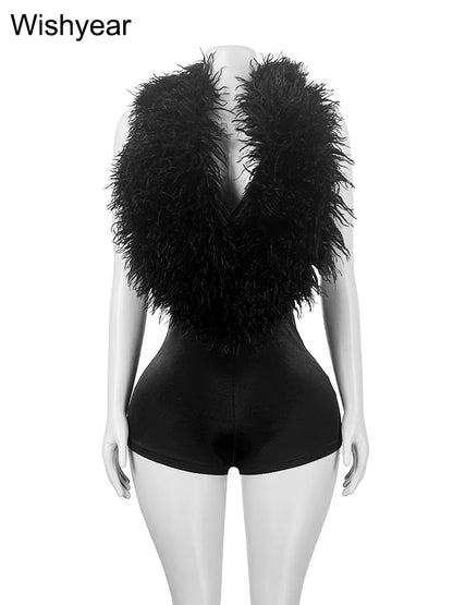 Fashion White Fluffy Backless Halter Faux Fur Short Jumpsuits Women Summer Sleeveless Playsuits One Pieces Party Night Clubwear