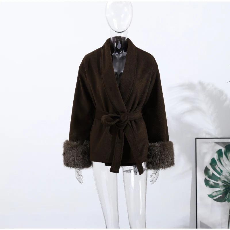 2025 Chic Lapel Plush Coat With Belt Women Vintage Solid Faux Fur Sleeve Tweed Open Coats Female Autumn Casual Street Outwear