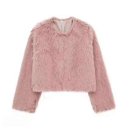 HH Women Winter Fashion Artificial Fur Effect Short Jacket Coats Female O-Neck Vintage Long Sleeve Loose Warm Top Streetwear