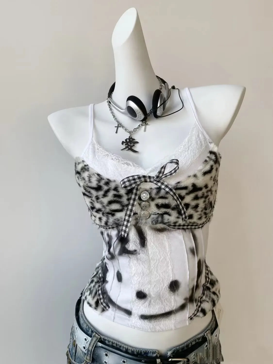 Vintage Hottie Halter Tank Tops Subculture Leopard Patchwork Vest Women's Kawaii Kitten Print Slim Y2K Crop Tops Women Clothes