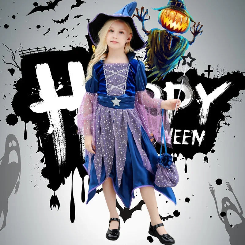 Kids Halloween witch costume with bag featuring a blue dress and sparkly accents for festive celebrations