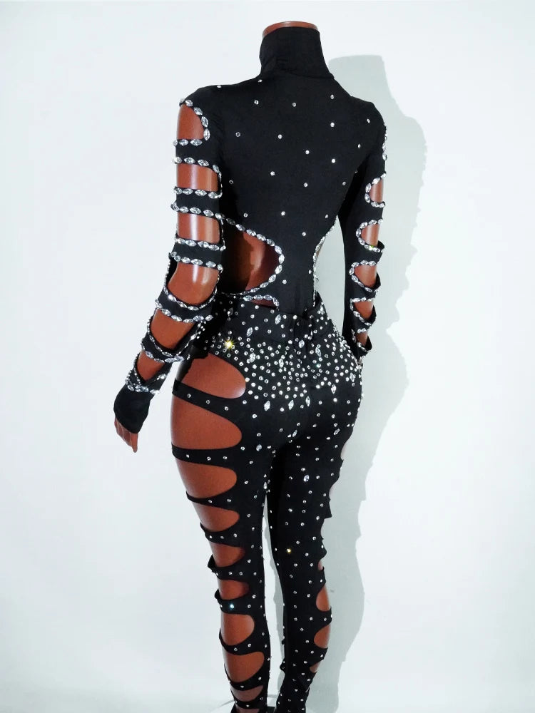 rhinestHollow Out Sexy Black Women Bodysuit pants Sets Long Sleeve Turtleneck Bodysuits Clubwear Costumes Stars Hot Singer Stage