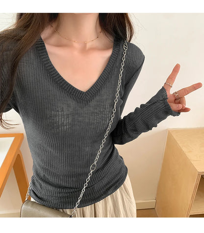 Autumn Sexy Classic V-neck Knitted Female T-shirts New Elastic Fashion Slim Simple Casual Pure Color Long Sleeves Women T-shirts
