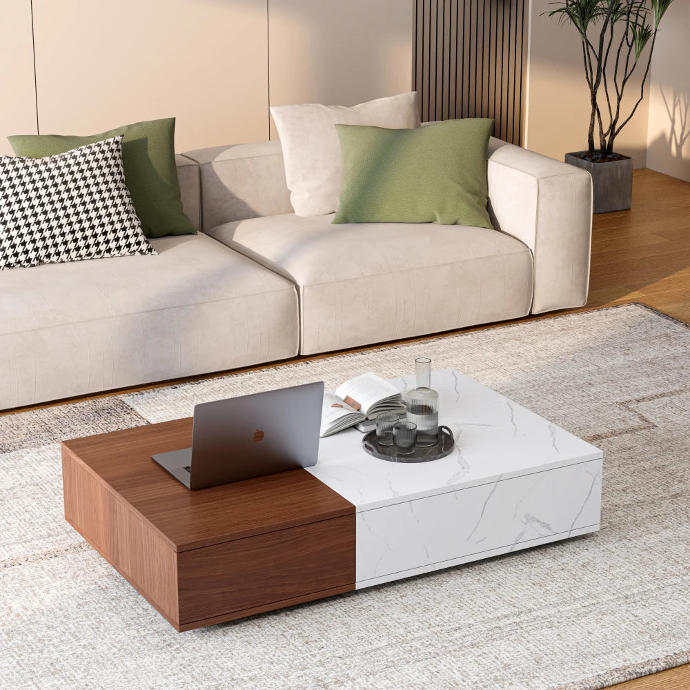 Modern walnut coffee table with marble top and sleek design for contemporary living rooms