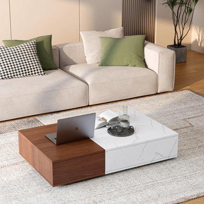 Modern walnut coffee table with marble top and sleek design for contemporary living rooms