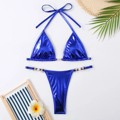 Shiny Pink Micro Bikini 2025 Mujer Women Sexy PU Pearls Push Up Thong Swimsuit Summer Bathing Suit Bandage Holiday Swimwear