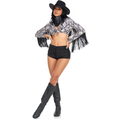 EtherealBe sexy cowboy costume for women featuring a snake print top and black shorts