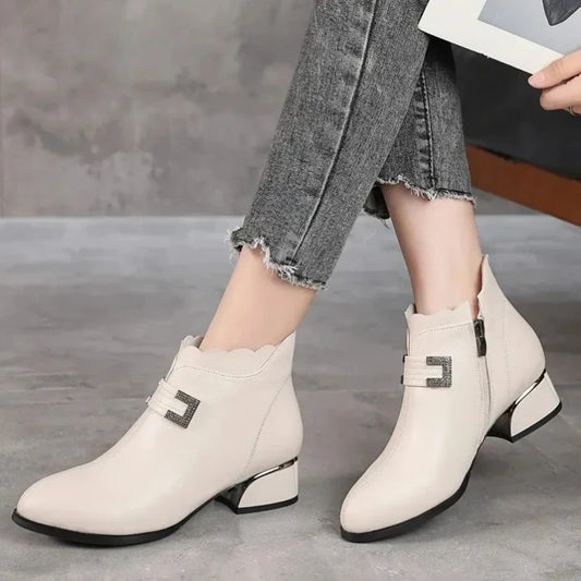 2025 Fashion Genuine Leather Ankle Boots Women Thick Heels Zipper Pointed Toe Autumn Winter Woman Shoes Soft Sole Short Boots