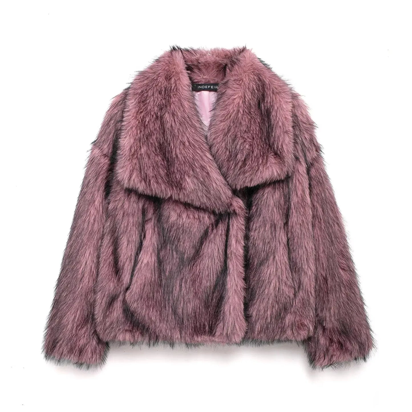 HH Winter Women Elegant Warm Plush Coat Turn-Down Collar Thick Cardigan Coat Female Pocket Long Sleeve Short Outerwear Mujer