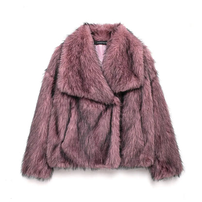 HH Winter Women Elegant Warm Plush Coat Turn-Down Collar Thick Cardigan Coat Female Pocket Long Sleeve Short Outerwear Mujer