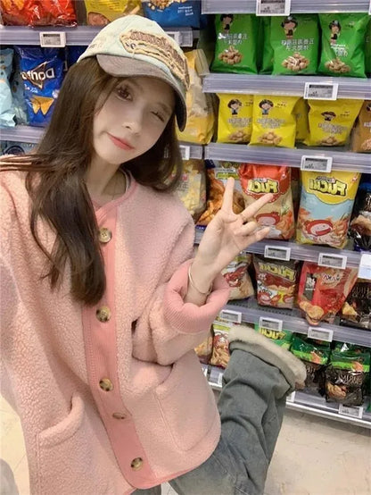 2024 Winter New Women's Lamb Wool Jacket Petite Loose-Fit Thickened Integrated Deer Skin Fleece Medium-Length Korean Style