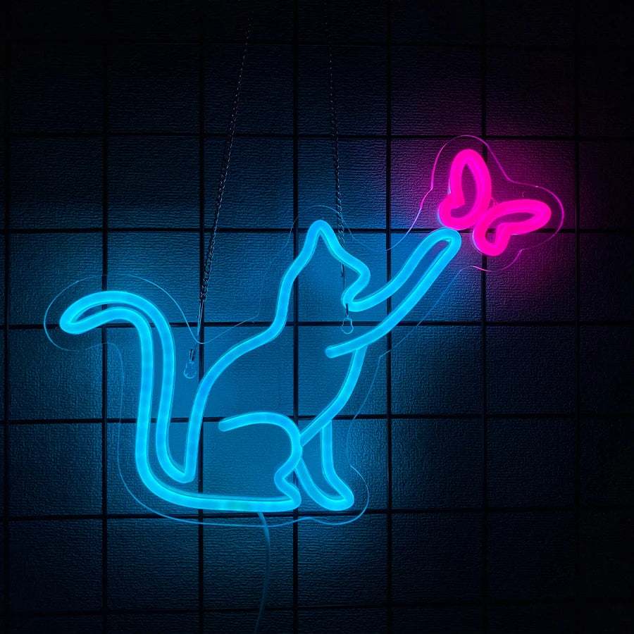 Cool Cat with Glasses Neon Sign for Wall Decor, Moon Cat USB  LED Neon Light Sign for Preppy Room Birthday Party Decoration