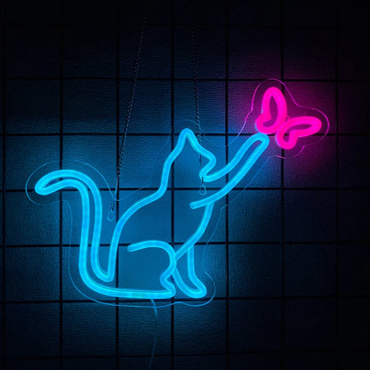 Cool Cat with Glasses Neon Sign for Wall Decor, Moon Cat USB  LED Neon Light Sign for Preppy Room Birthday Party Decoration