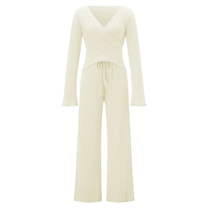 Women Fashion Lounge Set Vintage 2 Piece Outfit V Neck Waist Tie T-shirt + Elastic Waist Pants Autumn Long Sleeve Crop Tops