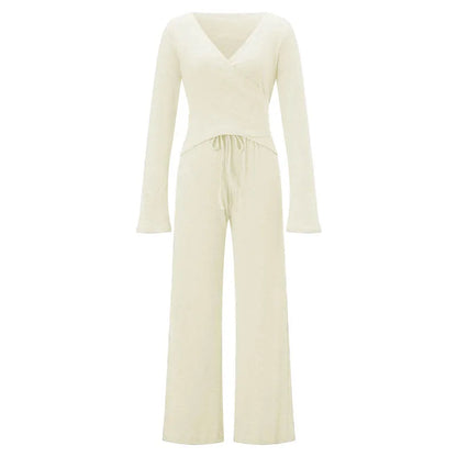 Women Fashion Lounge Set Vintage 2 Piece Outfit V Neck Waist Tie T-shirt + Elastic Waist Pants Autumn Long Sleeve Crop Tops