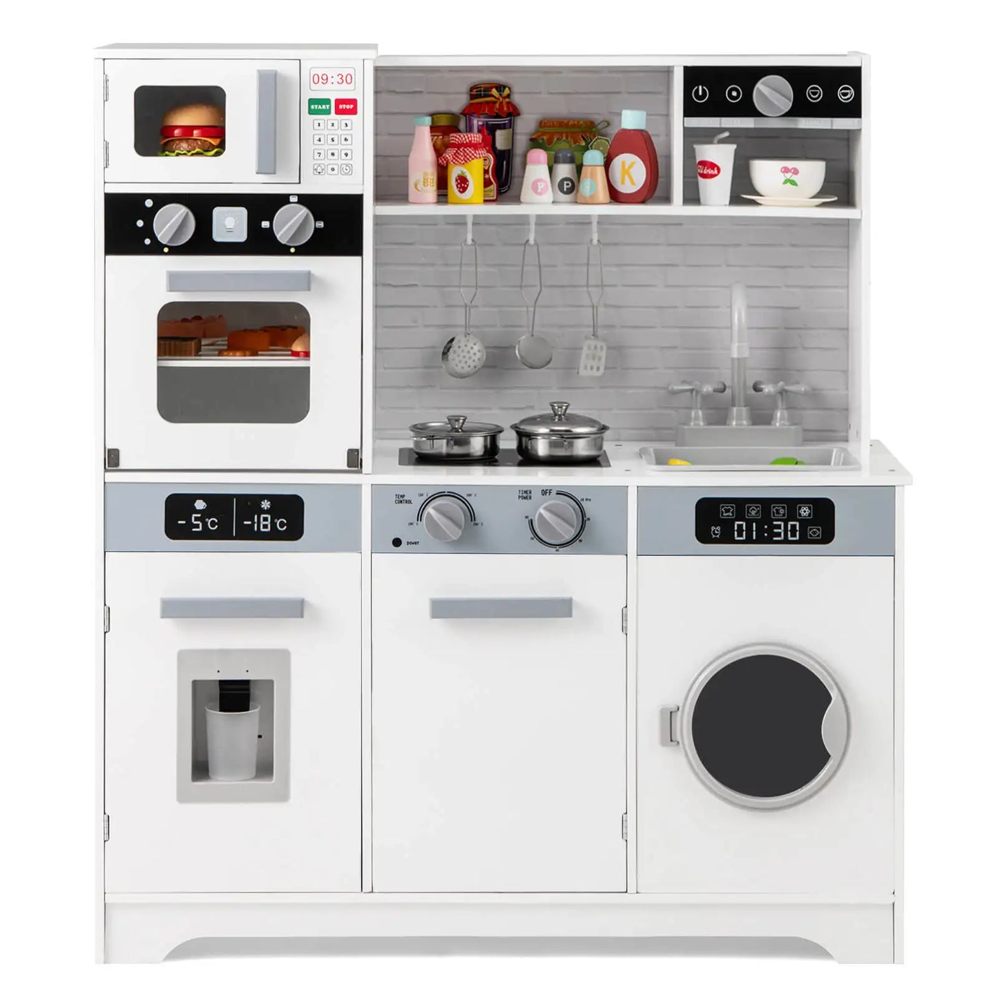 Kids Play Kitchen Toy Set w/ Water Dispenser Sink Faucet Microwave Oven Utensils