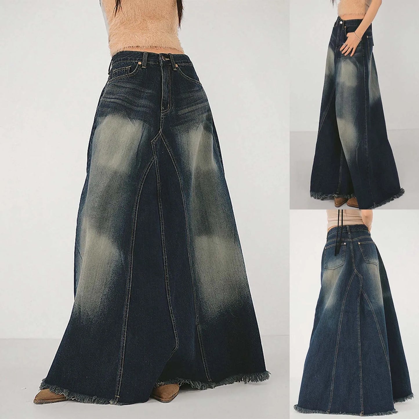 Vintage Denim Skirts For Women High Waisted Distressed Washable Blue A Line Dress High Street Style Fringe Hem Long Half Skirts
