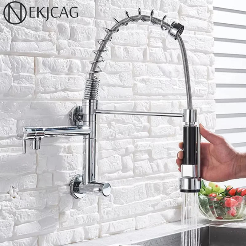 Wall Mounted Spring Kitchen Faucet Chrome Black Pull Down Sink Faucets Single Cold Water Dual Spouts Mixer 360 Rotation Crane
