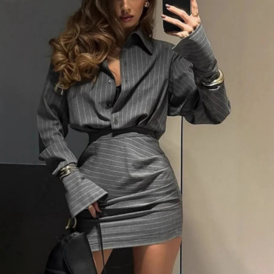 2025 Summer Fashion New Women's Elegant Office Staff Set Striped Collar Top Hip Wrapping Short Skirt Effect Two Piece Set