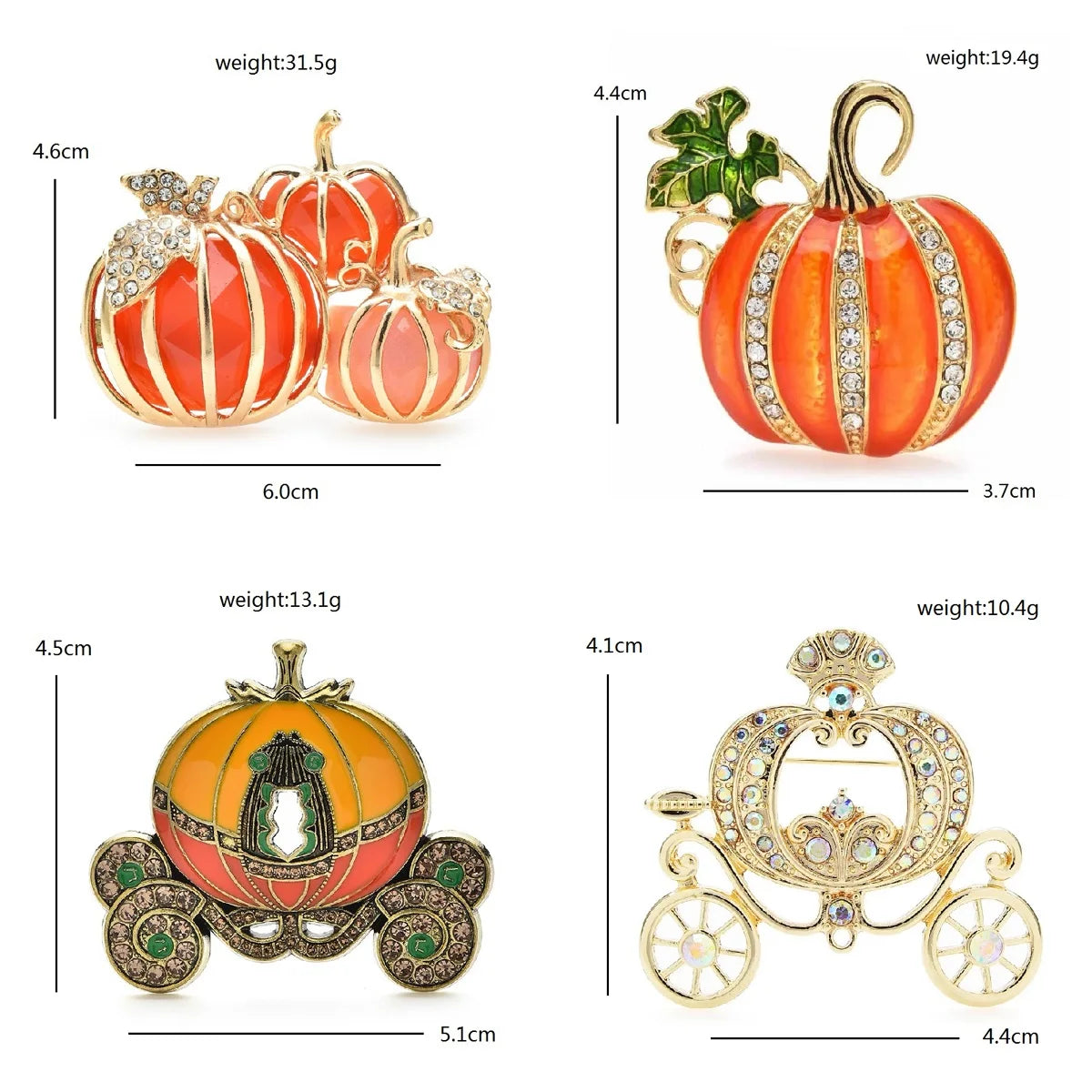 Set of colorful Halloween brooch pins including decorative pumpkins and a carriage design
