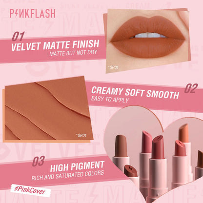 PINKFLASH Velvet Matte Lipstick High Pigment Long-lasting Lip Gloss Silky Moisturize Liquid Lip Tint Smooth Lip Cream Cosmetics