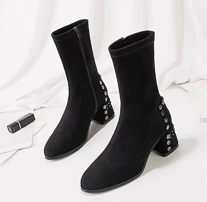 Mid Calf Round Toe Black Shoes For Women Ladies Boots Biker Footwear Studded Half High Gothic Hot Stylish And Low Price Pu