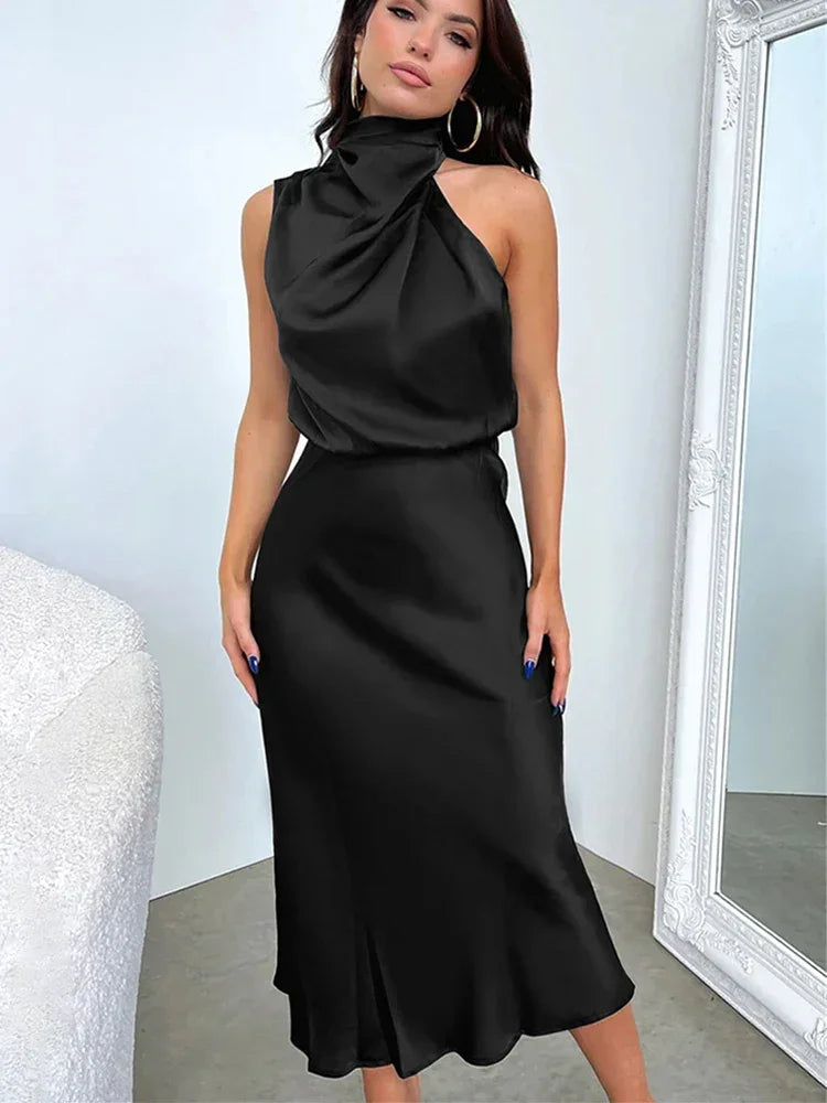 Summer Luxury Sleeveless Silk Satin Long Dress Women Elegant Off Shoulder Celebrity Evening Dress Partywear Lady Trumpet Dress