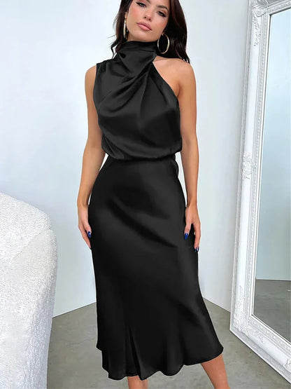 Summer Luxury Sleeveless Silk Satin Long Dress Women Elegant Off Shoulder Celebrity Evening Dress Partywear Lady Trumpet Dress