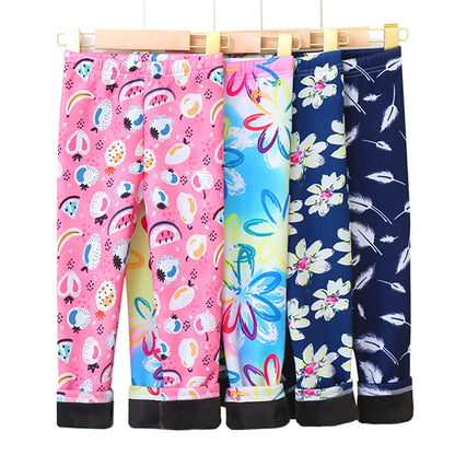 Girls Warm Plush Long Pants for Autumn Spring Cartoon Butterfly Striped Soft Cozy Leggings Fleece-Lined Bottoms Kids Casual Wear