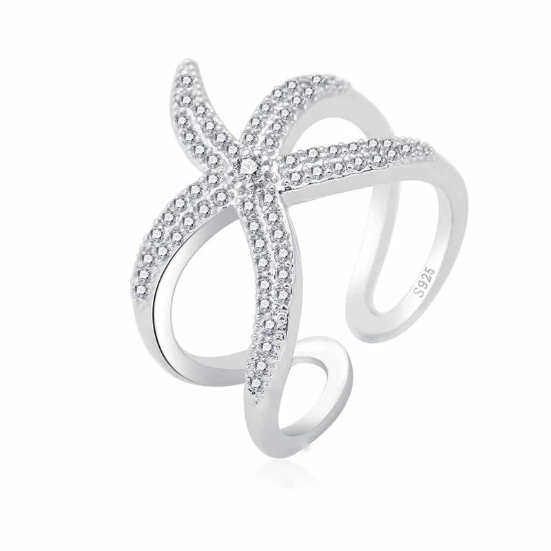 Newest Original 925 Sterling Silver Color Adjustable Ring Big Starfish Paved Shiny White Crystals Opening Rings Women Accessory