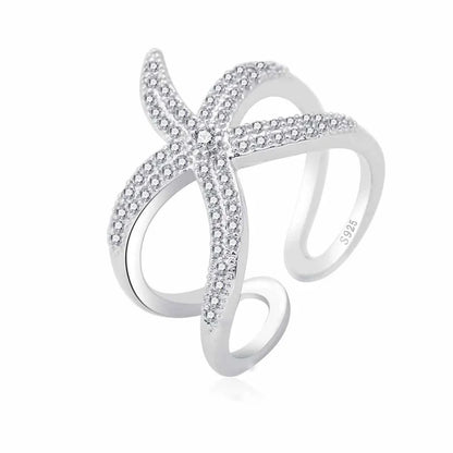 Newest Original 925 Sterling Silver Color Adjustable Ring Big Starfish Paved Shiny White Crystals Opening Rings Women Accessory