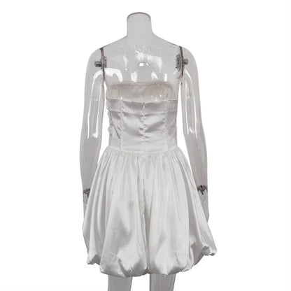 White Pleated Mini Dress For Women Bandeau Slim Patchwork Backless Elegant Fashion Dress Solid Female Party Dress 2024 New