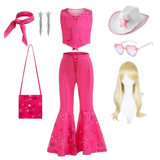 pink cowgirl cosplay set for kids with pink vest flared star pants white cowboy hat blonde wig sunglasses bandana purse