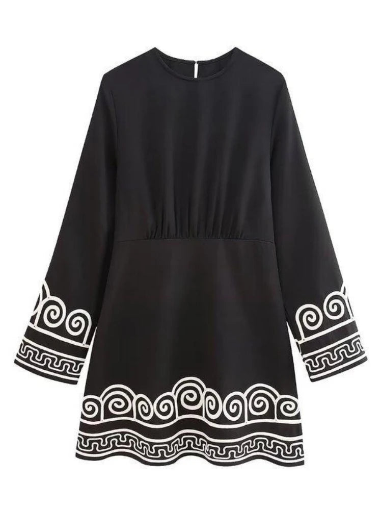 ZBZA Women's Embroidery Patchwork Dress Round Neck Long Sleeve Back Button Pleated Mini Shirt Skirt Autumn Female Chic Dresses