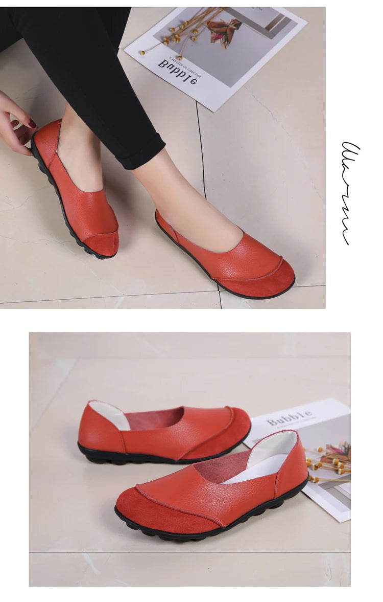 Women's shoes casual flat walking low heel loafers leather solid color large size casual single shoe work shoes44