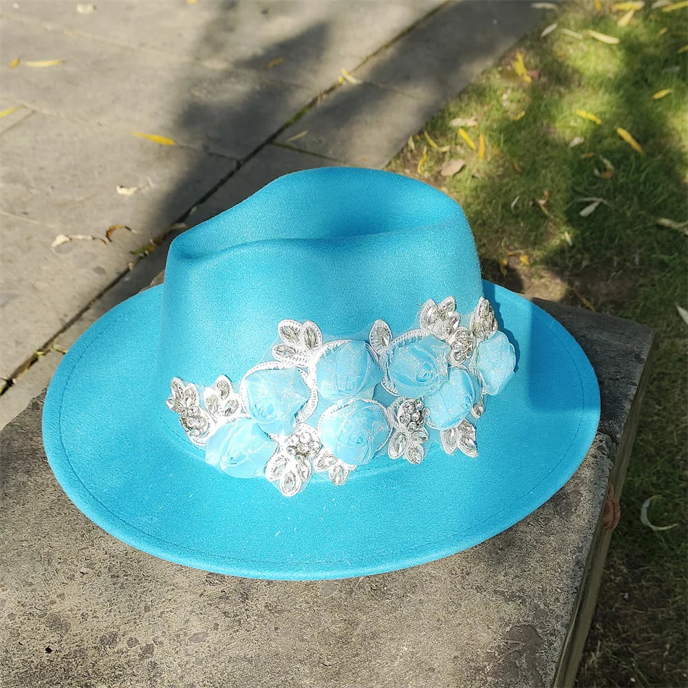 Embroidered three-dimensional flower fedora hat Women's jazz top hat Spring and autumn panama church fashion elegant wedding Hat