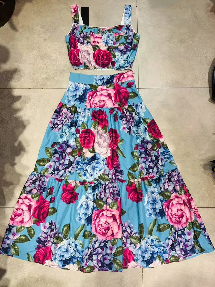 Elegant flower print sexy short tube top suspender top high waist big swing A-shaped skirt summer new two-piece women's suit