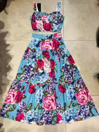 Elegant flower print sexy short tube top suspender top high waist big swing A-shaped skirt summer new two-piece women's suit