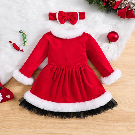 1-6years Kids Girl Christmas Dress Long Sleeve Furry Patchwork Dress With Bowknot Cosplay Xmas Dress For Girls
