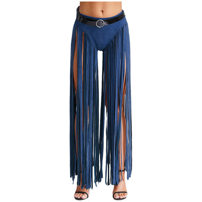 Womens Hippy Cosplay Costume High Waist Suede Underwear with Long Tassels And Belt Halloween Dress Up 70s Disco Costume