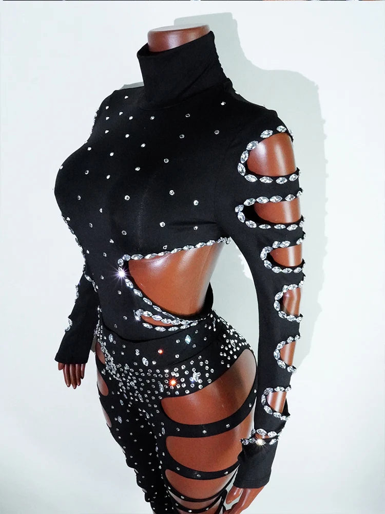 rhinestHollow Out Sexy Black Women Bodysuit pants Sets Long Sleeve Turtleneck Bodysuits Clubwear Costumes Stars Hot Singer Stage