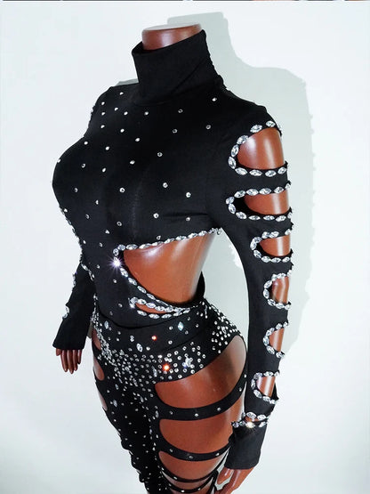 rhinestHollow Out Sexy Black Women Bodysuit pants Sets Long Sleeve Turtleneck Bodysuits Clubwear Costumes Stars Hot Singer Stage