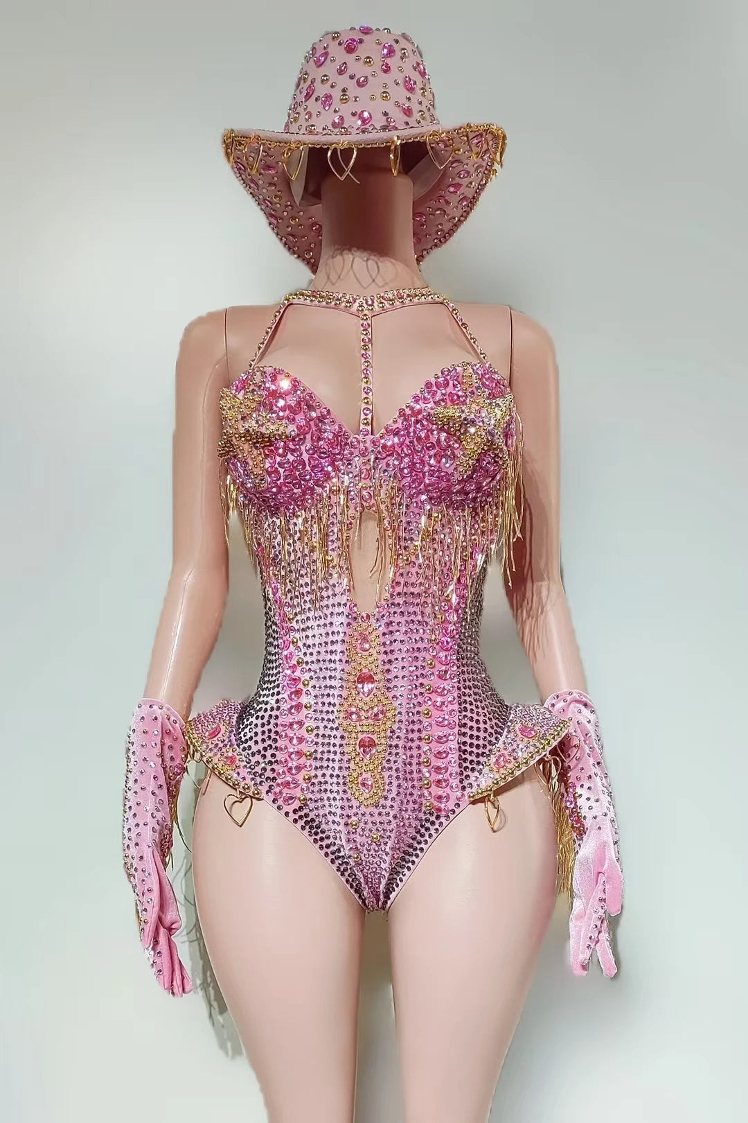 Women Sparkly Rhinestone Red Bodysuit 4Pieces Set Nightclub Party Stage Show Outfit Cabaret Carnival Showgirl Sexy Wear Hongding