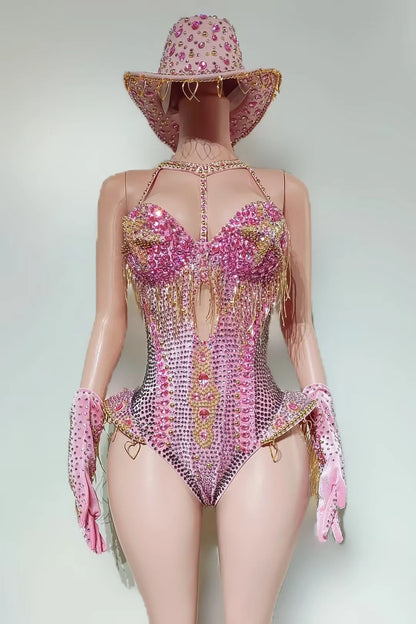 Women Sparkly Rhinestone Red Bodysuit 4Pieces Set Nightclub Party Stage Show Outfit Cabaret Carnival Showgirl Sexy Wear Hongding