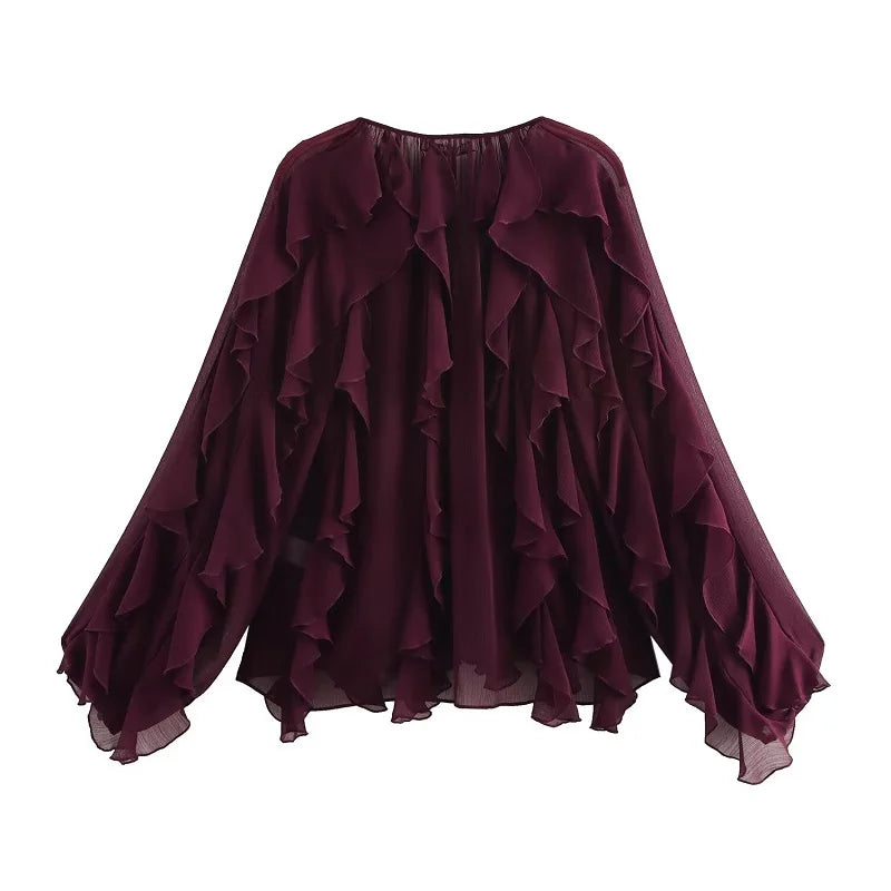 MUJER Ruffle Womens Blouses Semi Sheer Casual Blouses Woman Spring Fairy Shirts and Blouses for Lady Long Sleeve Tops Woman 2025