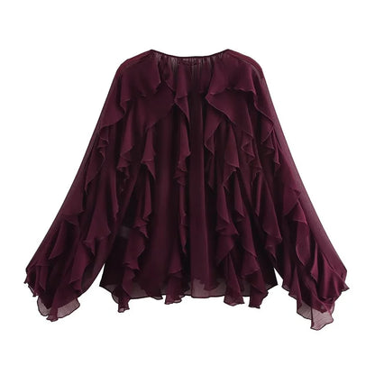 MUJER Ruffle Womens Blouses Semi Sheer Casual Blouses Woman Spring Fairy Shirts and Blouses for Lady Long Sleeve Tops Woman 2025
