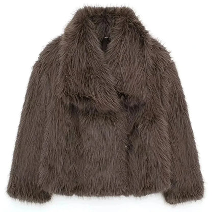 HH Winter Women Elegant Warm Plush Coat Turn-Down Collar Thick Cardigan Coat Female Pocket Long Sleeve Short Outerwear Mujer